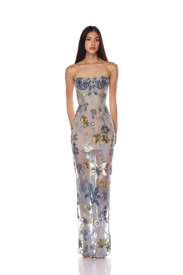 Womens Light Blue Bandage Dress Floral Embroidered Sheer Tulle Evening Gown Strapless Blue Green Sequins Formal Party Wear