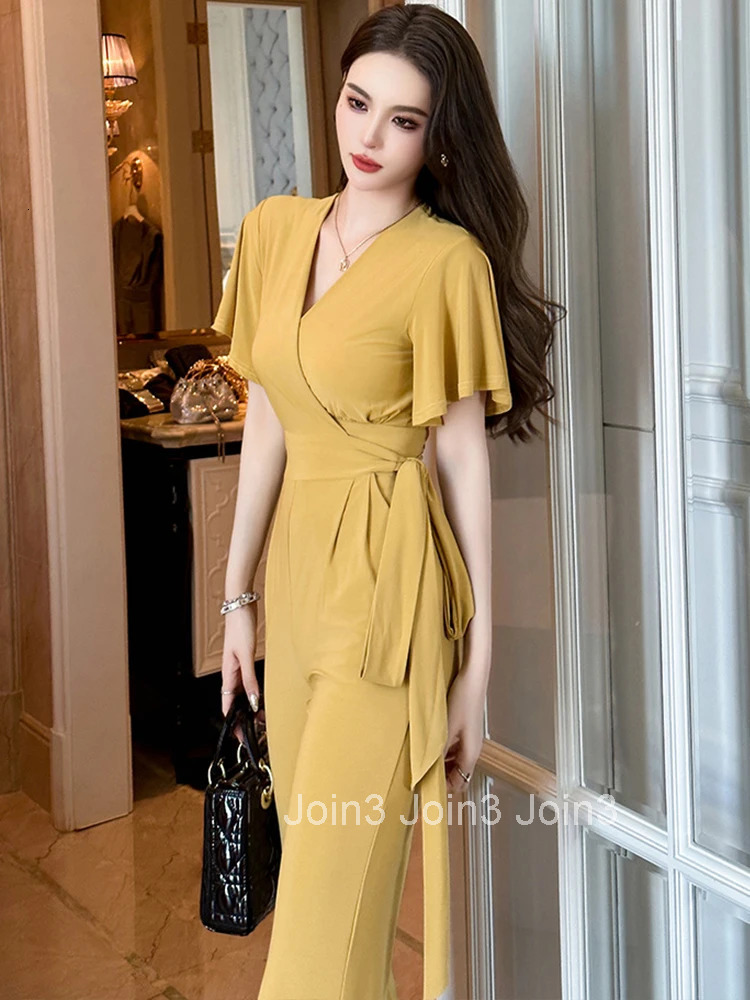 Fashion Summer One Piece Jumpsuits Women Elegant Yellow Casual Short Sleeve V-Neck Female Mujer Stretchy Wide Leg Long Rompers