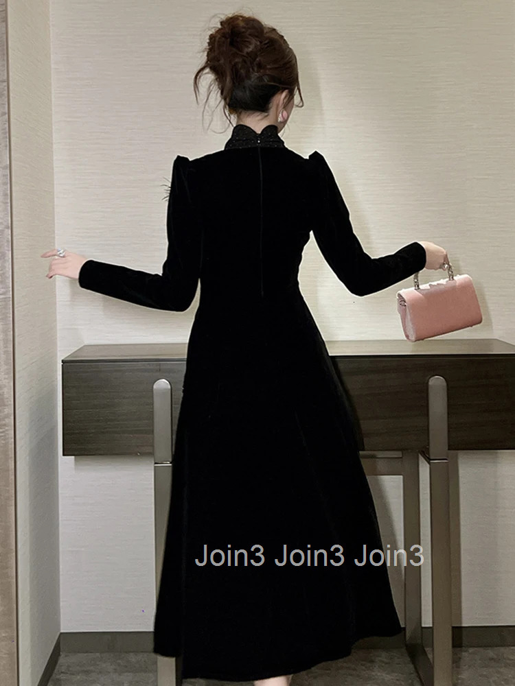 Women Clothes Retro Velvet Feather Stand Neck Slim Midi A-Line Dress Elegant Fashion Evening Party Prom Vestidos Robe Casual New