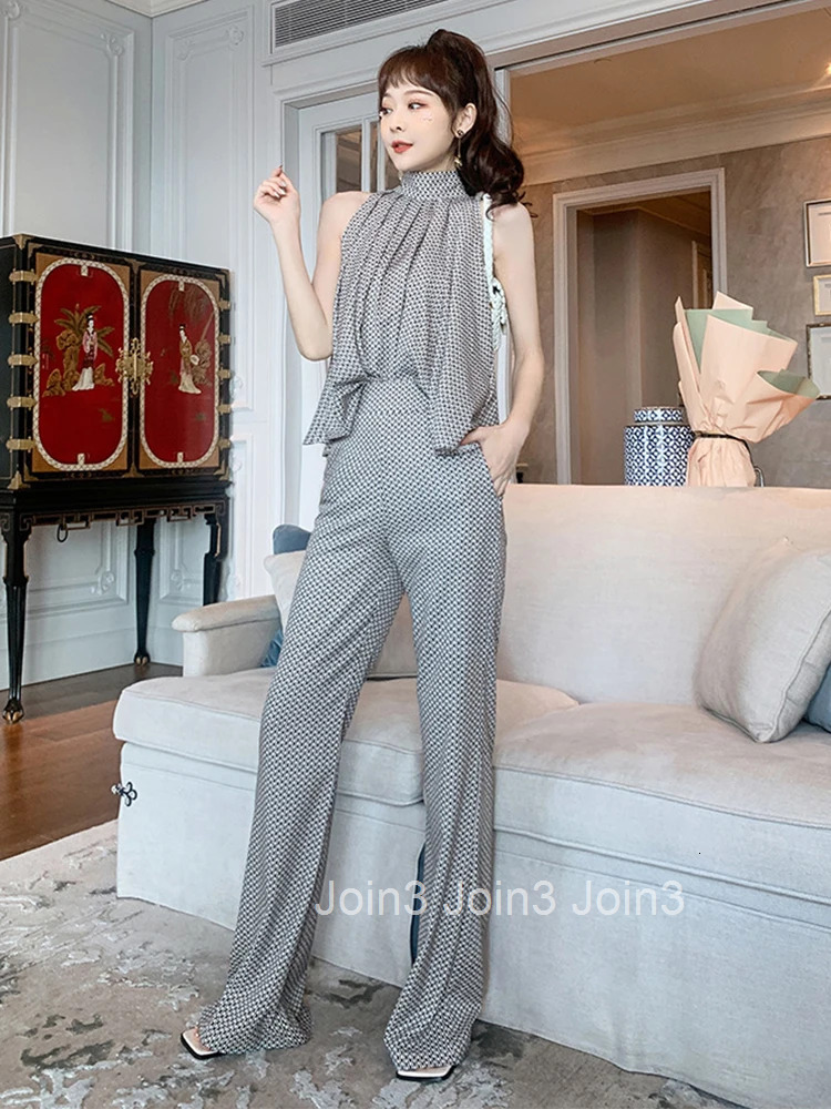 Women Elegant Vintage Print Casual Loose Stand Neck Strapless Lace Tops Shirt Blouse OL High Waist Long Flare Pants 2 Pieces Set