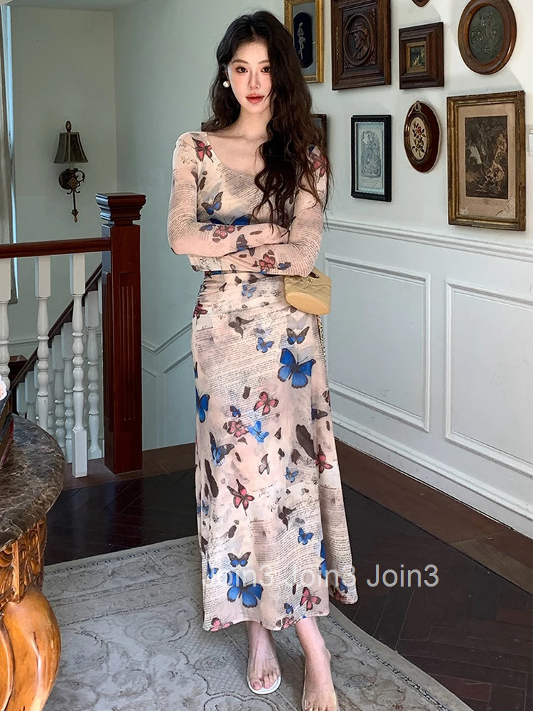 Sexy Retro Butterfly Print Dress for Women Holiday Hotsweet Sweet Long Sleeve Robe Female Vacation Beach Street Vestidos Mujer