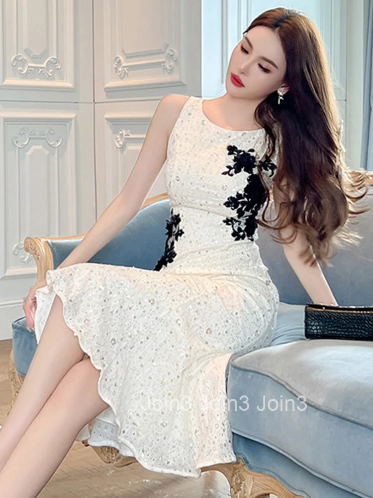 Summer White Evening Long Dress Women Elegant Pretty Chic Sparkly Sequin Sleeveless Bodycon Midi Prom Robe Femme Mujer Vestidos