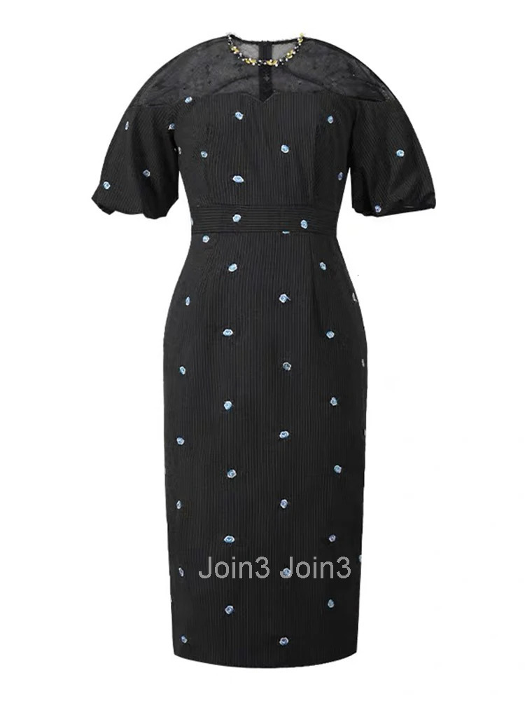 New Summer Striped Flower Embroidery Evening Dress Women Clothes Elegant Retro Bubble Sleeve Slim Midi Pencil Party Prom Vestido