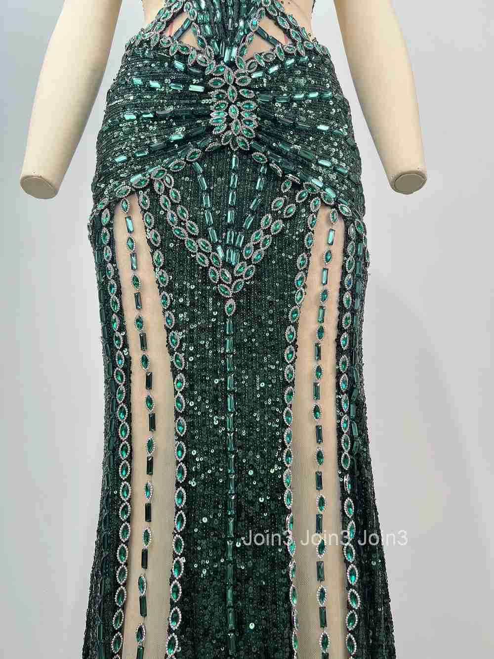 2025 New Women Stage Performance Costume Fashion Embroidered Sequins Diamonds Sexy Gauze Splicing Dress V-neck Sling Long Skirt