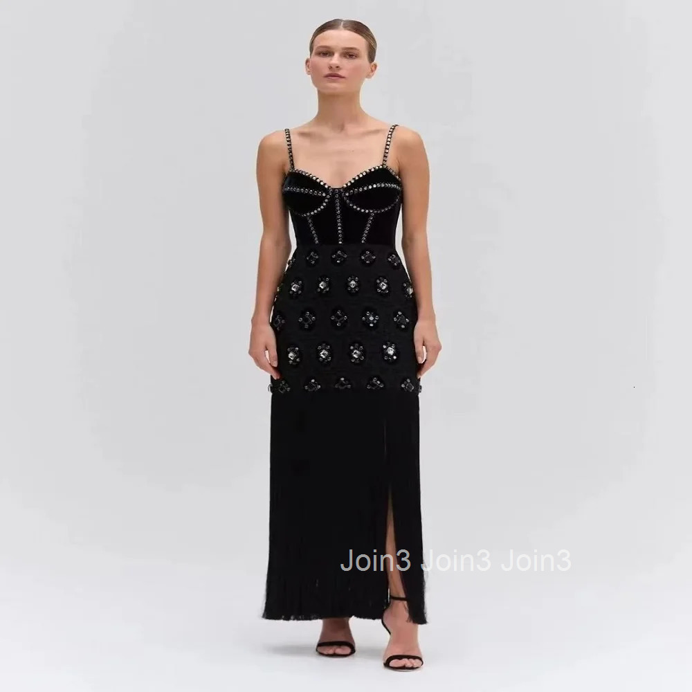 Winter Outfits Womens Fashion Luxury Diamonds Decoration Tassel Design Sleeveless Long Elegant Evening Party Gown Bandage Skirt