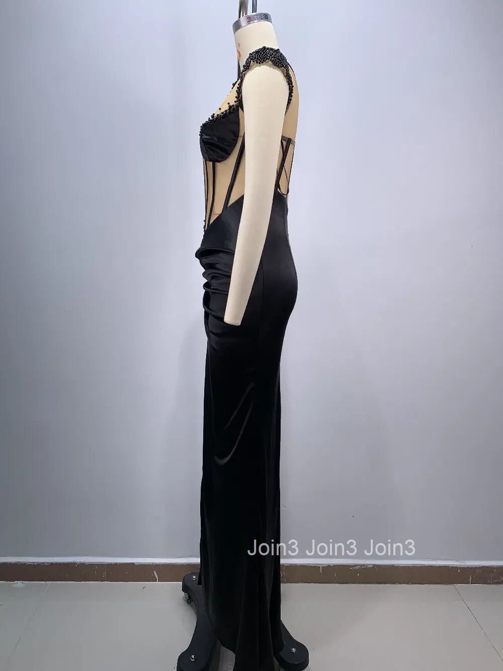 Chic Gauze Splicing Beading Slim Black Long Vestidos Sexy Single Shoulder Sleeveless Slit Pleated Dress For Women 72h Shipment