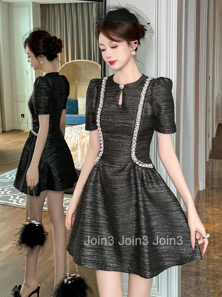 New Summer Elegant Luxury Pearl Gown Evening Dress Women Clothes Sparkly Retro Puff Sleeve Slim A-Line Short Party Prom Vestidos