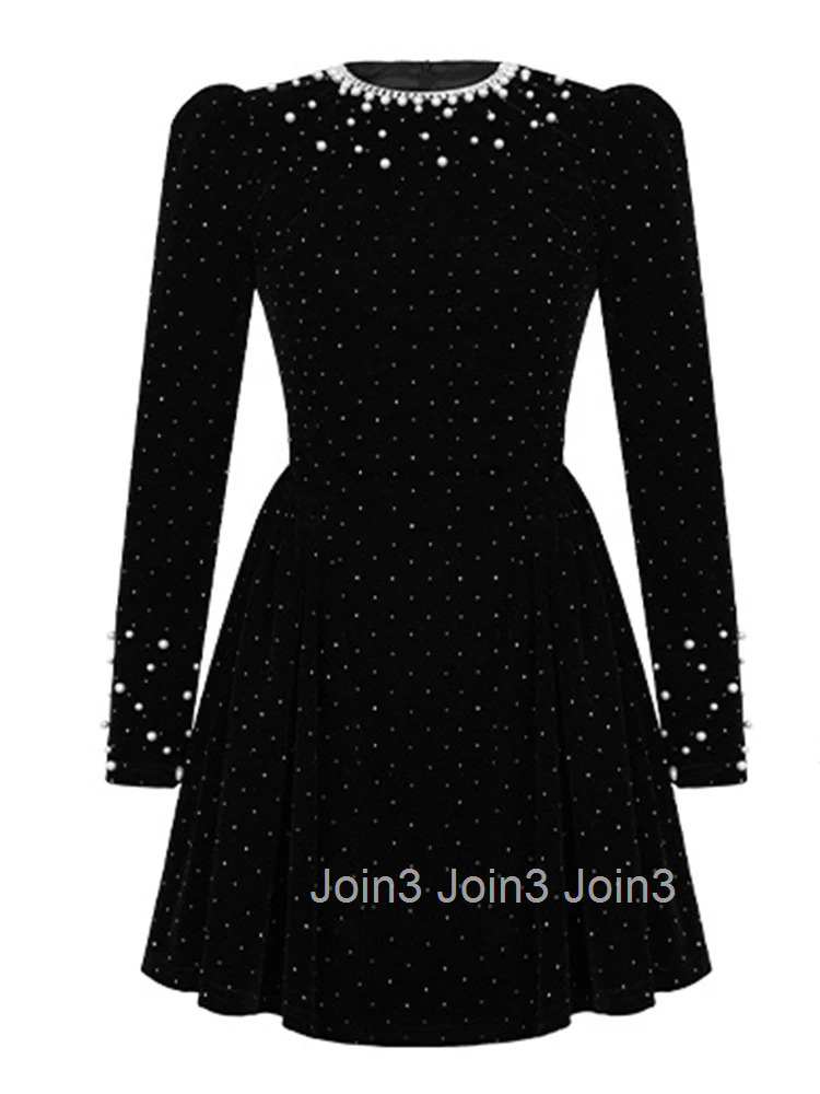 Women Clothes Elegant Luxury Sparkly Black Velvet Pearl O-Neck Slim Mini Short Dress Fashion Evening Party Prom Vestidos Casual
