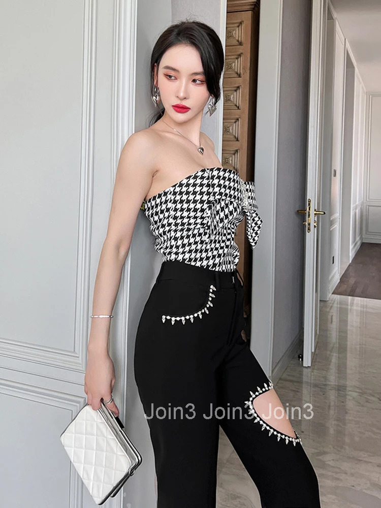 Elegant Women Sexy Party Club Ladies Clothes Strapless Blouse Houndstooth Chest Wrap Bow Diamond Coffee Break Female Short Tops