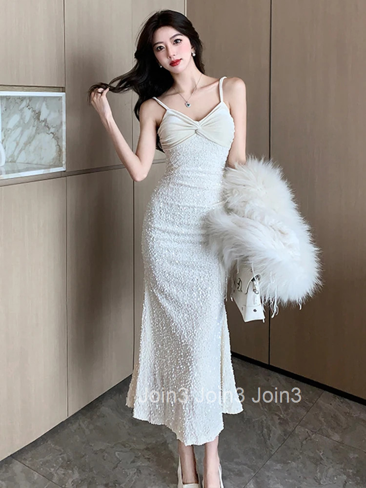 Elegant Evening Party Dress Women White Black Shiny Bright Sequin Strap Skinny Fishtail Robe Female Birthday Banquet Vestidos