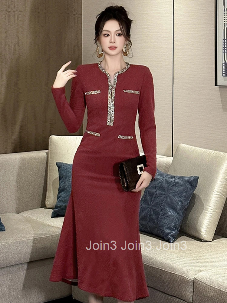 Women Clothes Retro Diamonds V-Neck Slim Midi Fishtail Dress Elegant Luxury Fashion Evening Party Prom Vestidos Robe Casual New