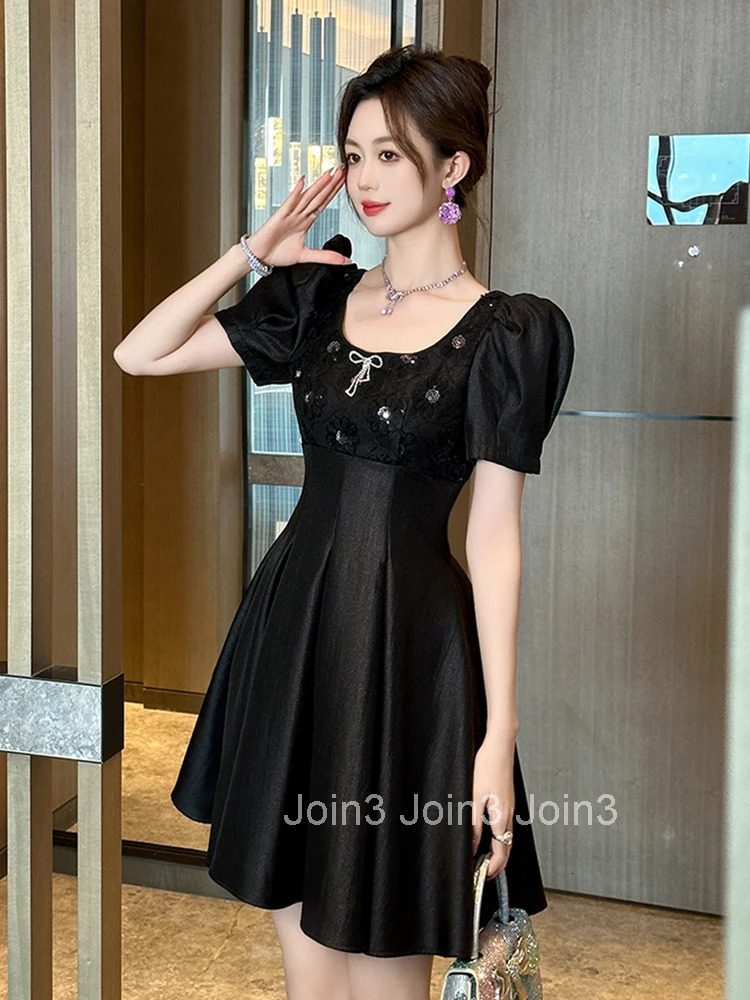 Summer Black Sequin Square Collar Gown Evening Dress Women Clothes Vintage Sweet Puff Sleeve Slim Short Party Club Prom Vestidos