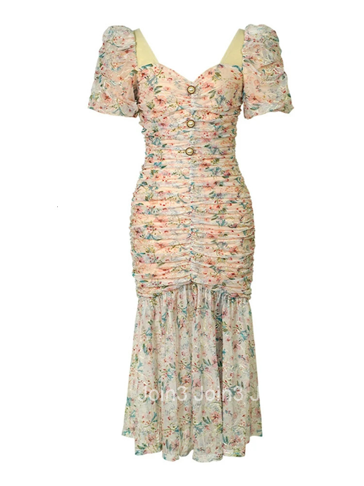 New Summer Elegant Women Evening Dress Mesh Floral V-Neck Folds Slim Midi Dresses Party Club Prom Beach Robe Femme Mujer Vestido