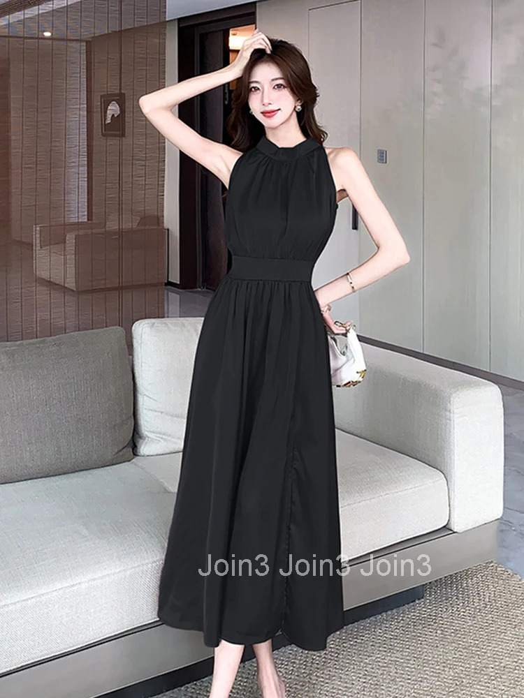 Summer Fashion Elegant Satin Solid Evening Dress Women Clothes Casual Sexy Sleeveless Slim Long A-Line Robe Party Prom Vestidos