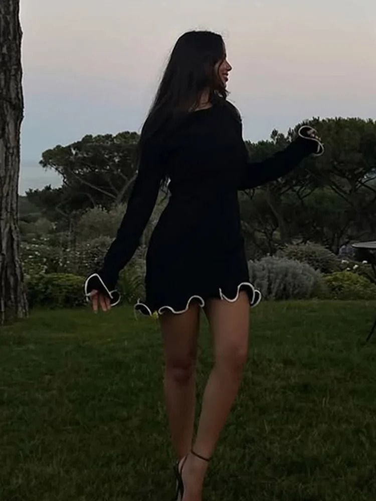 Women Chic Ruffles Hem Solid Mini Dress Elegant Full Sleeve High Waist Slim Fit Dresses Summer Vacation Street Vestidos 2025 250616
