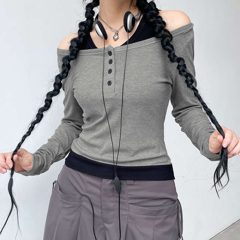 Ins Fashion Pure Sweet Style Fake Two-Piece Button Round Neck Slim Fit Solid Color Knitted T-Shirt Women's Clothing B5