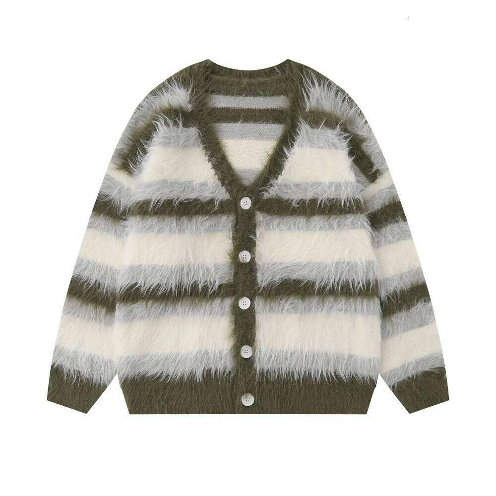 Striped Plush V-neck Sweater Men's Loose Casual Brushed Knit Trendy Couple Versatile Comfortable Haruku High Street Cardigan