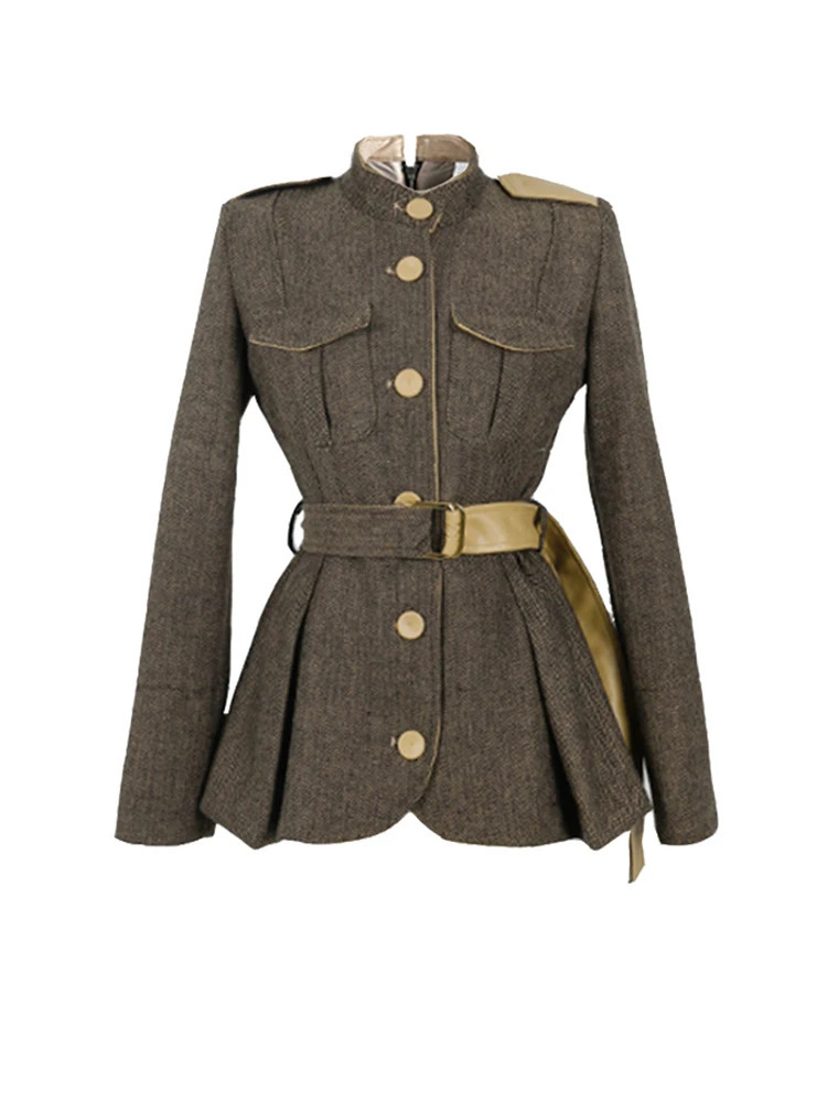 Elegant Office Women Short Jacket Coat Casual Vintage Stripe Single Breasted Belt Slim Lady Femme Mujer Autumn Winter Outerwear