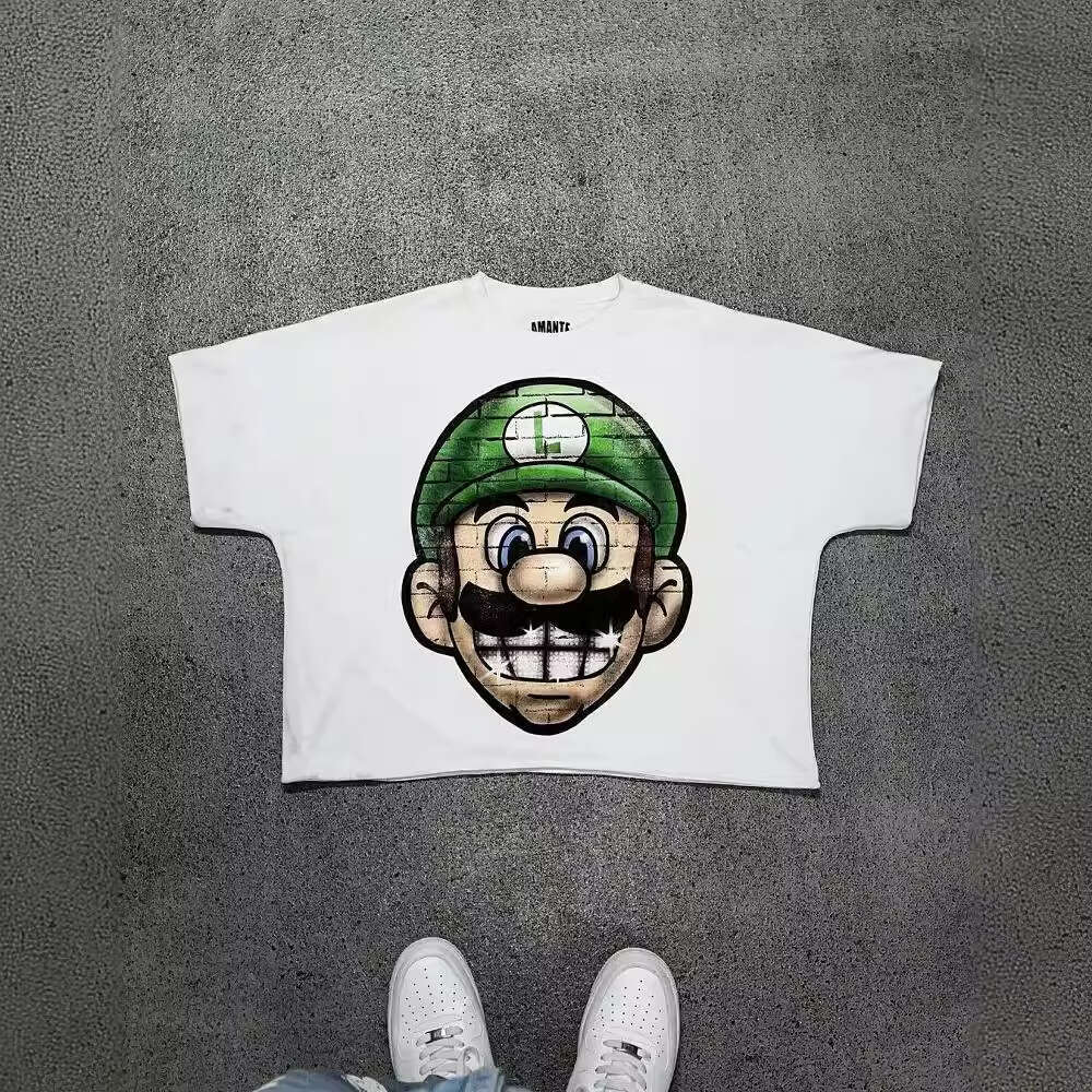Korean Style Simple Niche Design Cartoon Long Printed Cotton T-Shirt Men's Hip-Hop Harajuku Y2K Loose Couple Top