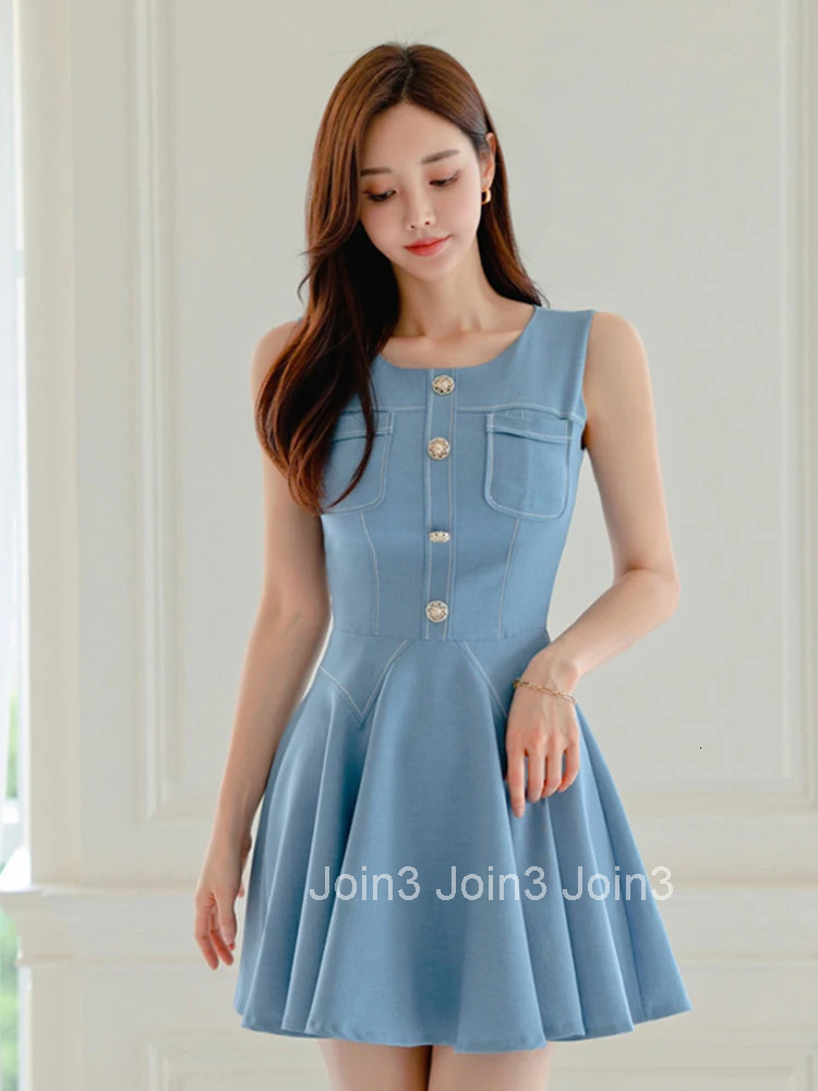 Korean Fashion Summer Simple Sweet O-Neck Short A-Line Dress Women Mujer Casual Vintage Sleeveless Slim Vestidos Street Clothes