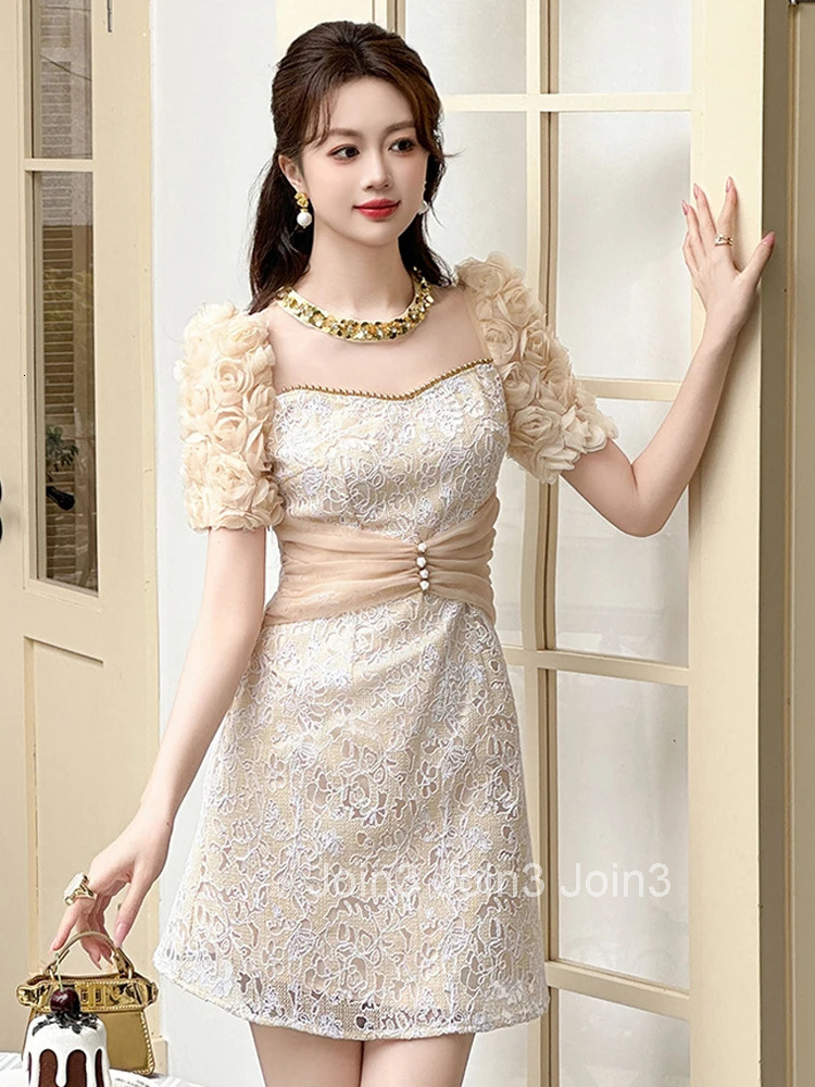 Elegant Luxury Sweet Lace Evening Dress Women Clothes New Summer Floral Puff Sleeve Slim Mini Short Party Prom Vestidos Fiesta