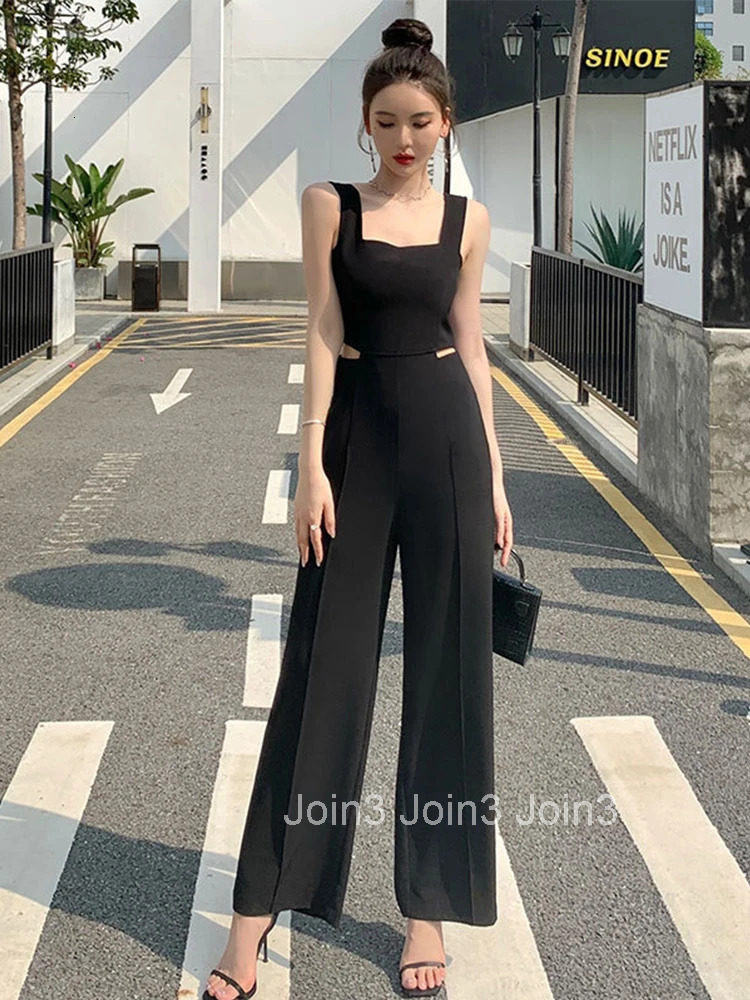 Y2K Fashion Elegant Women Jumpsuits Chic Black Hollow Sexy Strap Backless Party Beach Femme Mujer Wide Leg Loose Rompers Summer