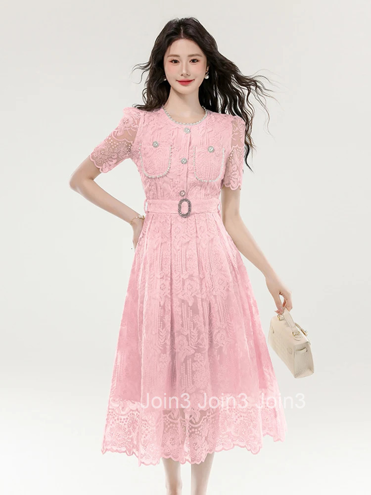 Women Clothes Sweet Floral Lace Sheer Short Sleeve Slim Midi A-Line Dress Elegant Fashion Party Vestidos Robe Casual Summer New