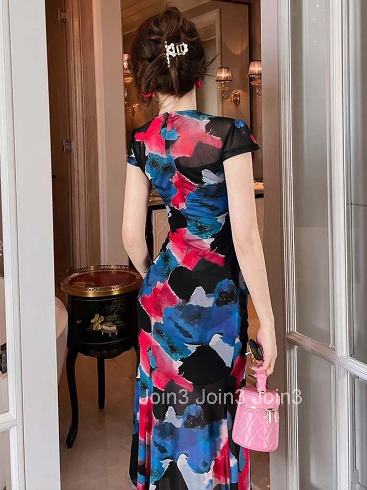 French Mesh Elegant Women Evening Dress Temperament Vintage Sheer Sexy Slit Midi Party Club Beach Boho Robe Femme Mujer Vestidos