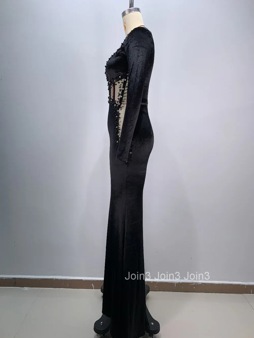 Autumn New Black Long Sleeve Beading Diamonds Embelling Trumpet Dress For Women Sexy Gauze Slim Club Party Clothing 72h Shipment