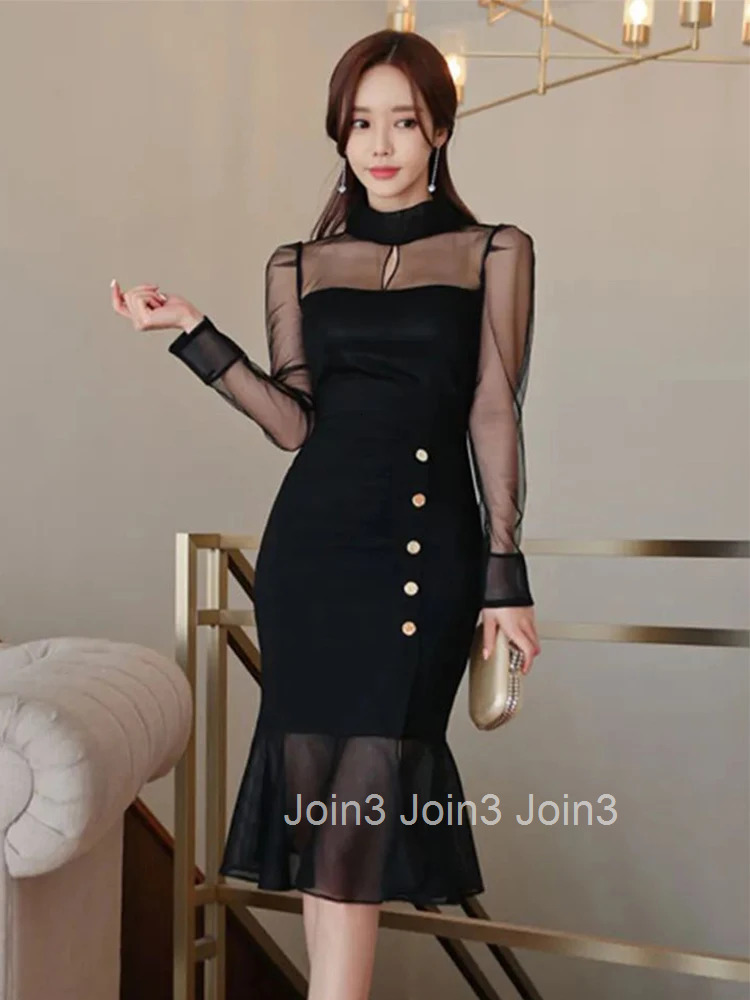 Fashion Work Style Formal Black Mermaid Dress Women Clothes Elegant Office Sheer Sexy Long Sleeve Slim Midi Party Mujer Vestido