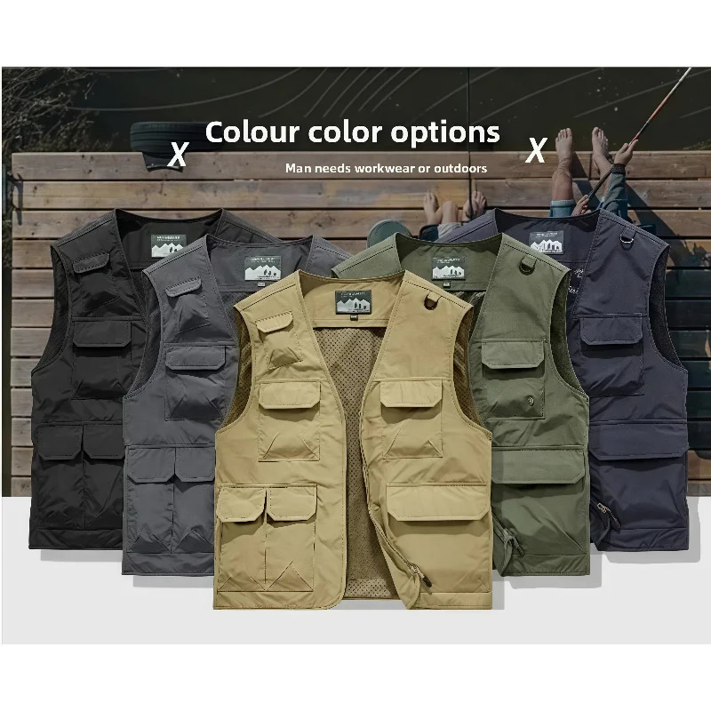 Spring and Summer Mens Casual Vest Lightweight Breathable Multi Pocket Workwear Sleeveless Jacket Outdoor Fishing Camping Vest 250617