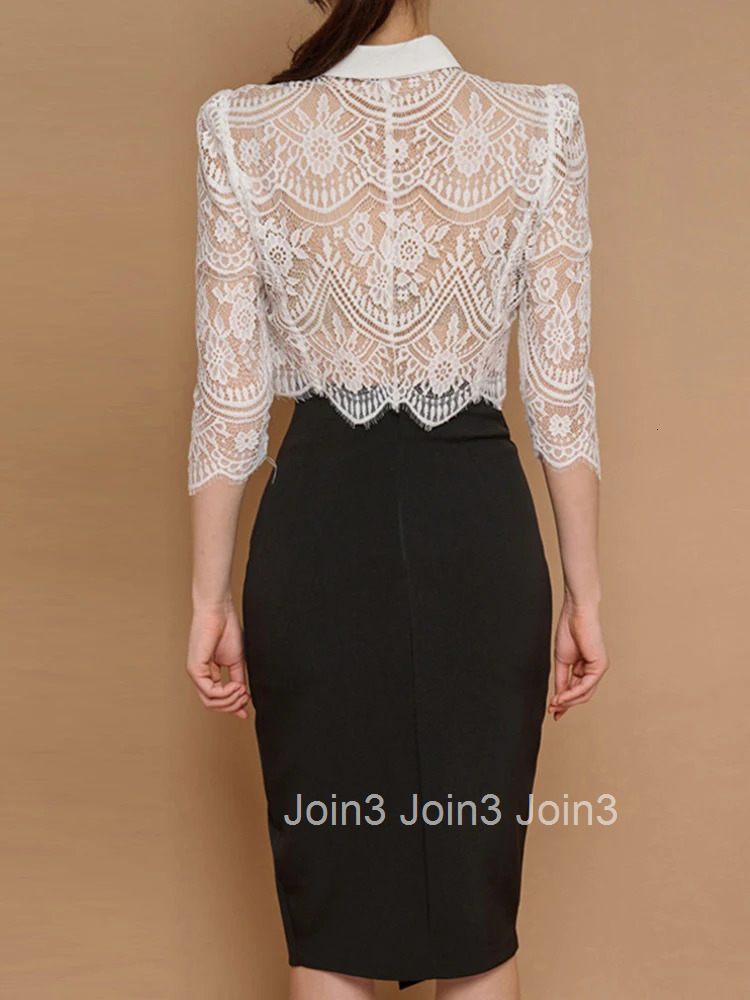 Summer Sexy 2 Pieces Outfits Elegant Office Women White Lace Sheer Short Tops Shirt Blouse Black High Waist Midi Skirt Mujer Set