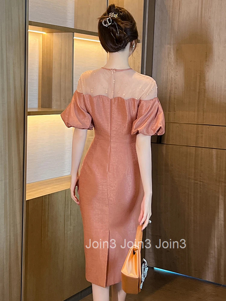 Summer Mesh Splice Bubble Sleeve Evening Dress Women Clothes Elegant Retro Sheer Sexy O-Neck Slim Midi Pencil Party Prom Vestido