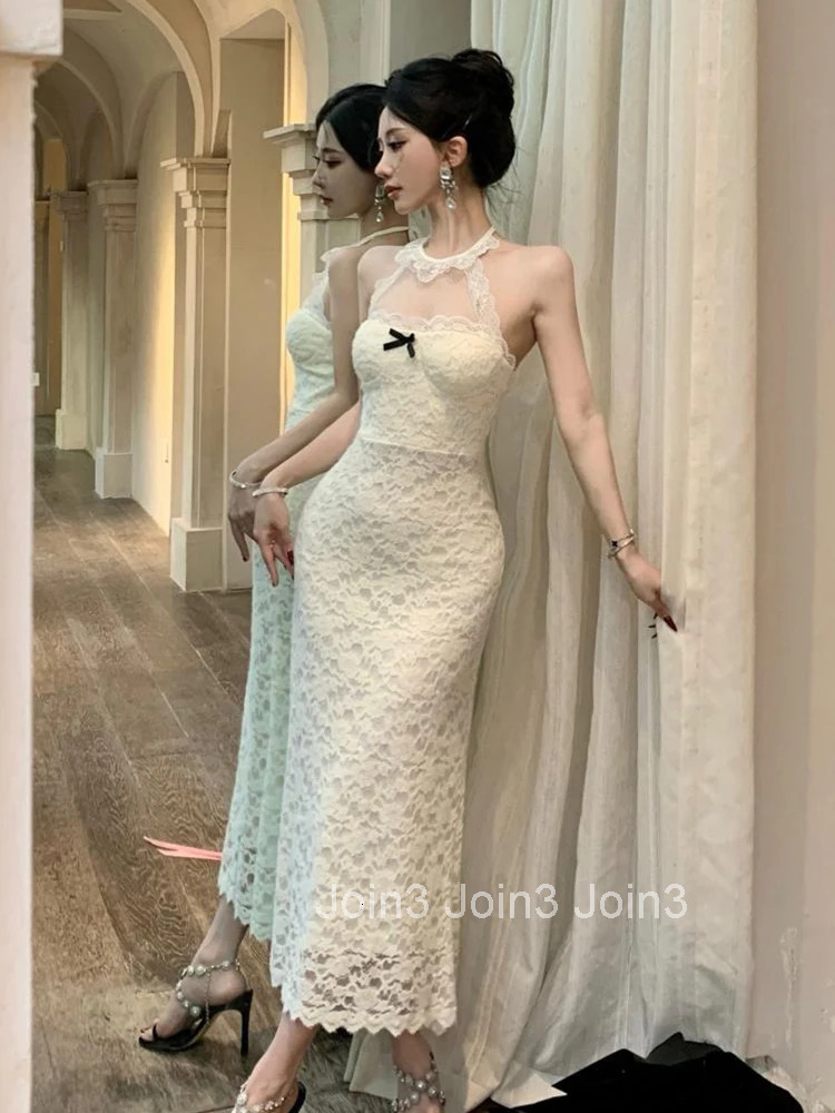 Women Clothes Sweet Lace Floral Sheer Sexy Halter Backless Slim Maxi Long Dress Elegant Ladies Fashion Party Prom Vestidos Robe