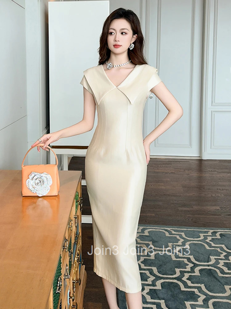 Summer Commute Formal Occasion Dress Women Clothes Elegant Lady Retro Solid Simple Lapel Short Sleeve Slim Midi Pencil Vestidos
