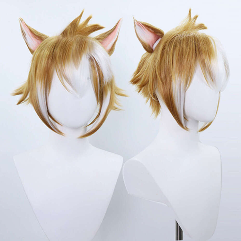 Anime Genshin Impact Gorou Cosplay Brown Mixed White 3D Ears Short Hair Synthetic Wig