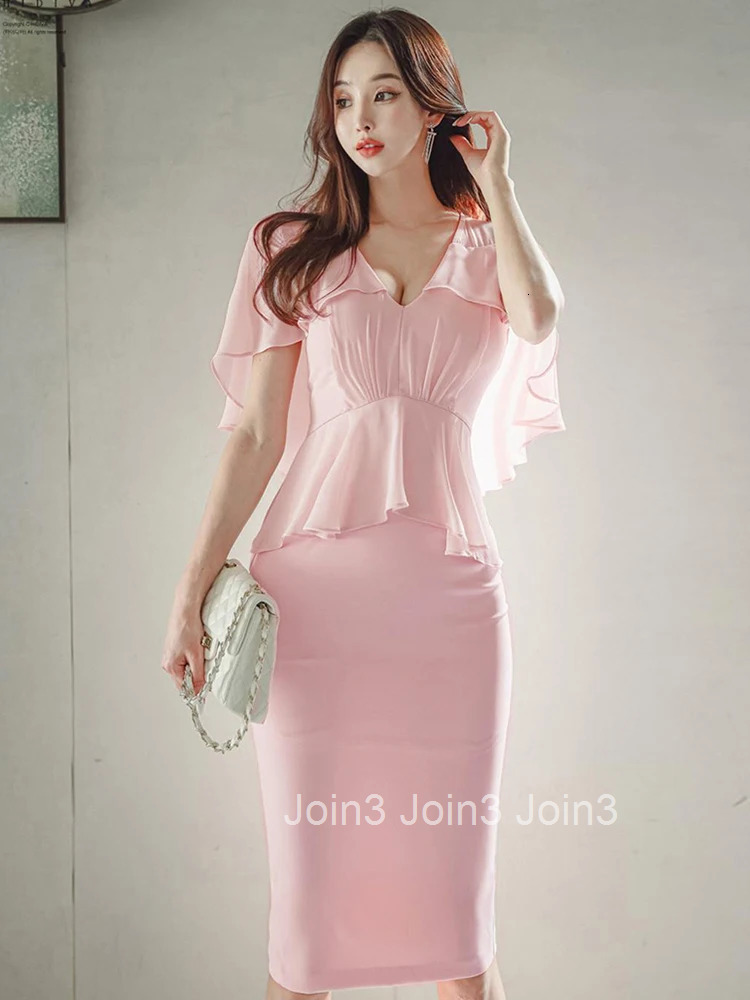 Fashion Summer Pink Pencil Dress Women Clothes Elegant Pretty Chic Sweet Cloak V-Neck Slim Midi Party Prom Robe Mujer Vestidos