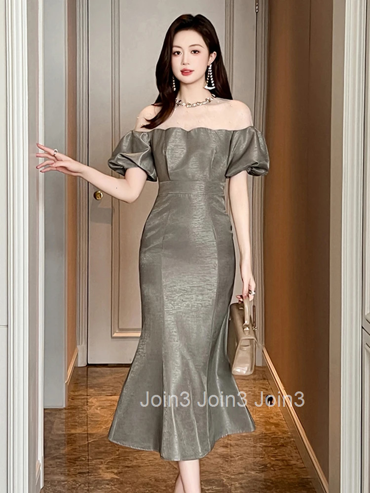 Elegant Luxury Formal Occasion Evening Dress Women Clothes Chic Mesh Sheer Sexy O-Neck Puff Sleeve Midi Robe Party Prom Vestidos