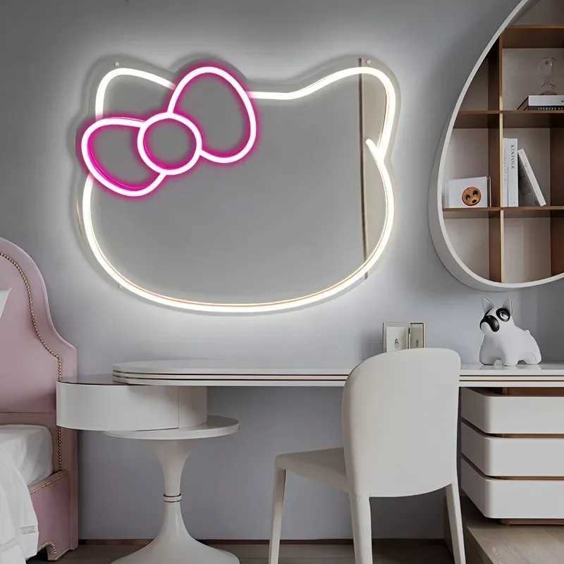 Pink Kitty Cat LED Neon Cat Mirror Sign Wall Mounted Makeup Mirror and Wall Art for Bedroom Beauty Shop Studio Decor X250623