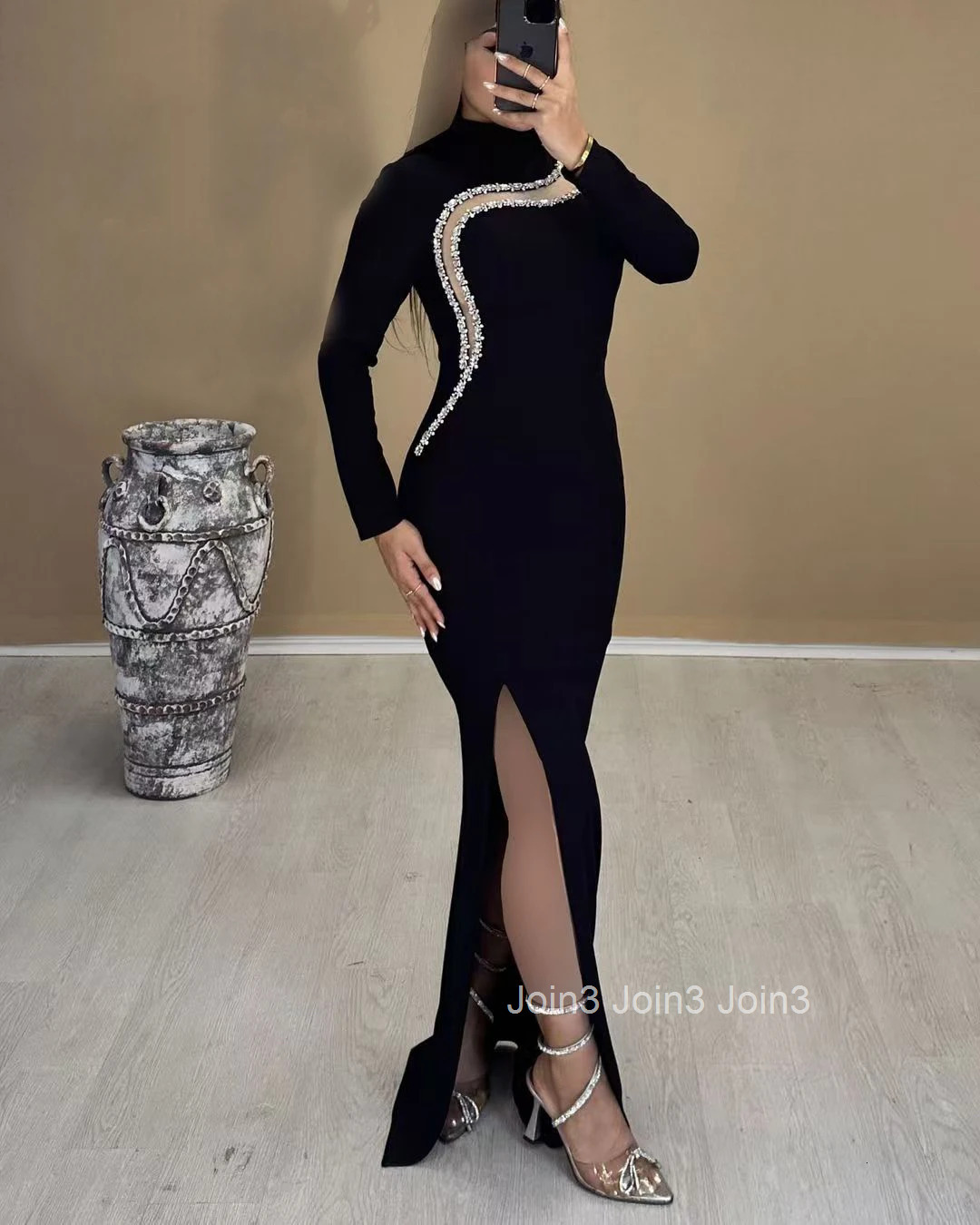 Bandage Dress For Women Black Elegant Long Sleeve Autumn/Winter Sexy Gauze Splicing Diamond Embelling Slit Evening Party Gown