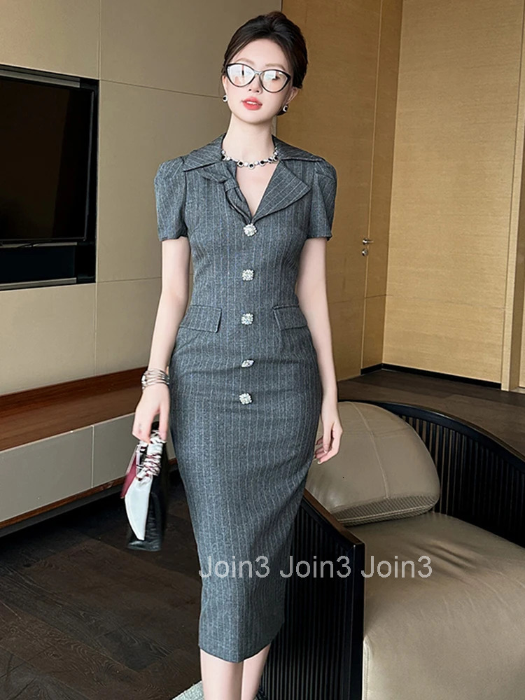 Summer Retro Gray Striped Formal Occasion Dress Women Clothes Commute Elegant Office Lady Short Sleeve Slim Midi Pencil Vestidos