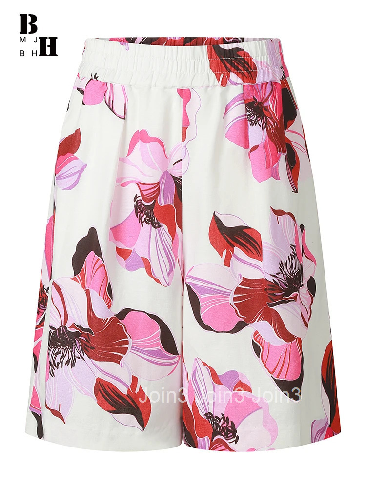 New Plus Size Summer Elegant Beach Casual Cotton Linen Pant Women Floral Print Elastic Waist Trousers Mujer Wide Leg Loose Pants