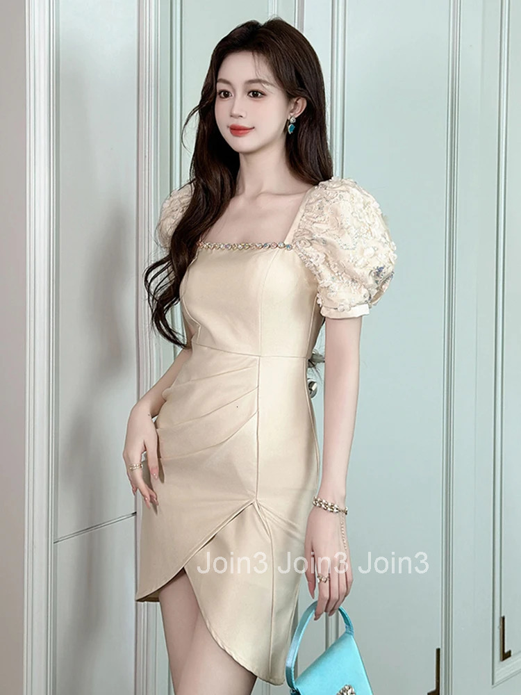 New Elegant Luxury Summer Asymmetrical Evening Dress Women Clothes Sweet Lace Puff Sleeve Slim Short Party Prom Vestidos Fiesta