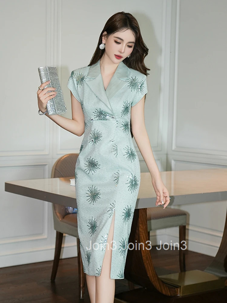 New Summer Fashion Sequin Formal Occasion Pencil Dress Women Clothes Elegant Office Commute Short Sleeve Slim Slit Midi Vestidos