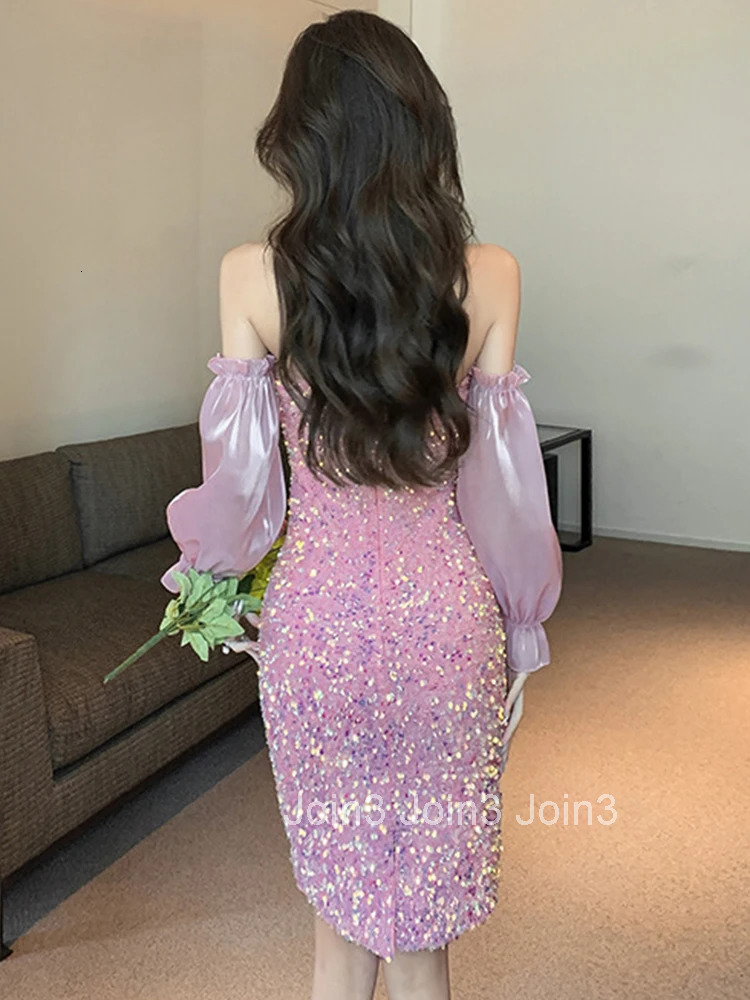 Spring Autumn Women Evening Dress Chic Pink Sweet Sparkly Sequin Sexy Chest Wrapping Slim Midi Party Prom Birthday Mujer Vestido