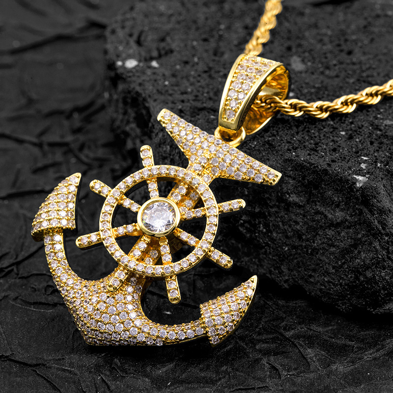 HipHop Luxury Designer Jewelry DiamondInlaid Anchor Compass Pendant Moissanite Necklace Trendy Men BlingBling Accessory