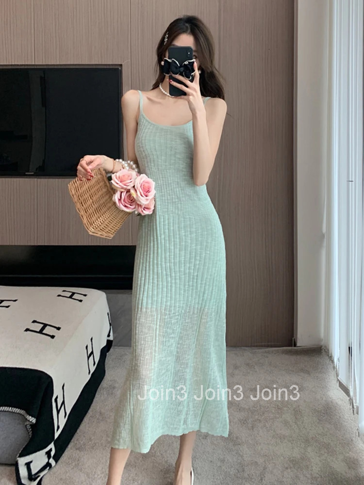 Women Clothes Solid Knitted Sheer Sexy Strap Slim Midi A-Line Dress Elegant Fashion Party Prom Vestidos Robe Beach Casual Summer