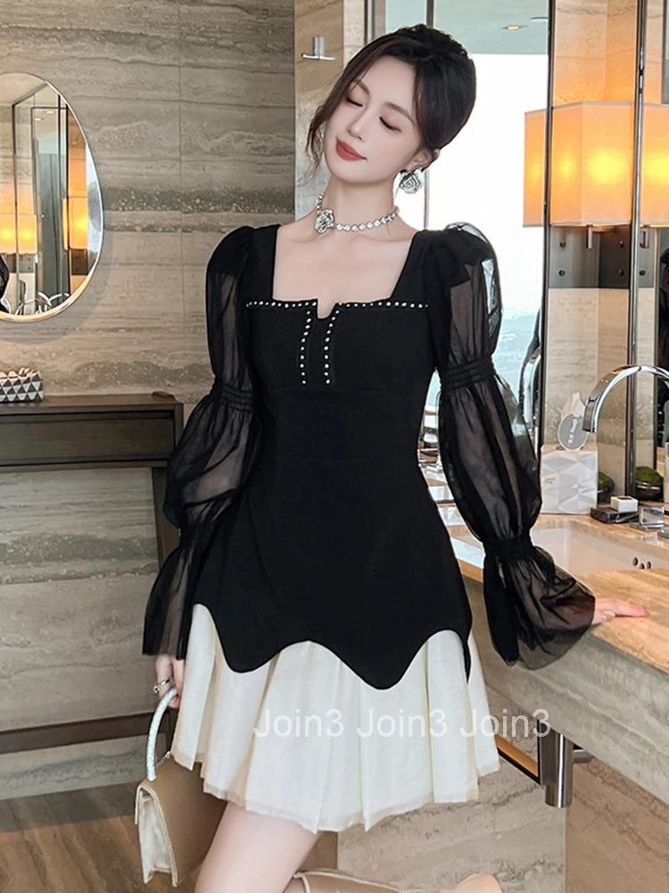 Autumn Fashion Casual Black Square Collar A-Line Short Dress Women Clothes Retro Puff Sleeve Slim Mini Party Club Prom Vestidos