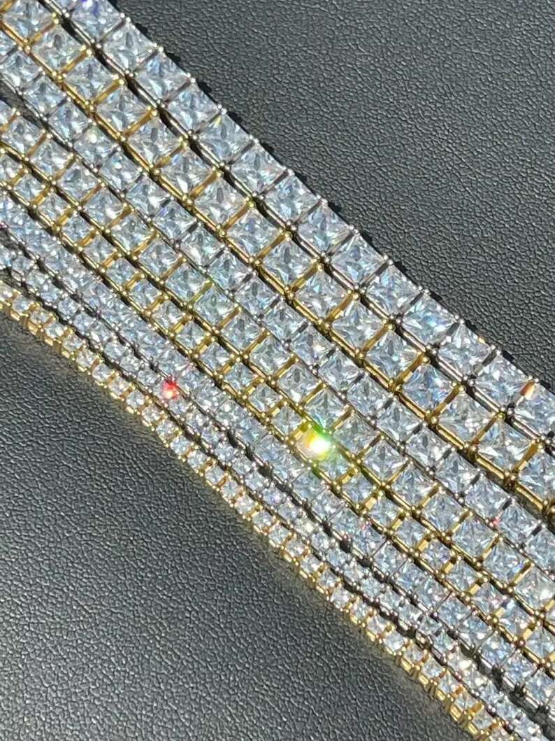 Fully Iced Out Starling Silver Square Princess Cut Moissanite Diamond Tennis Chain Necklace Hip Hop Jewelry Customized Jewelry