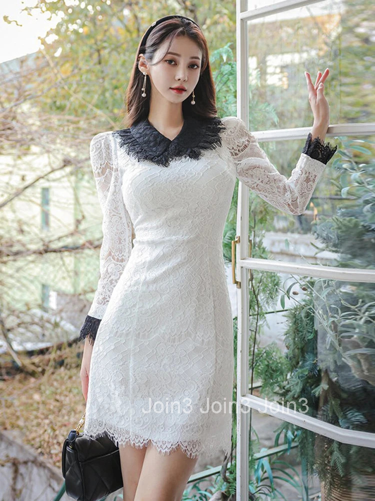 Preppy Style Fashion Lady Lace Short A-Line Dress Women Elegant Sweet Peter Pan Collar Slim Mini Mujer Vestidos Street Clothes